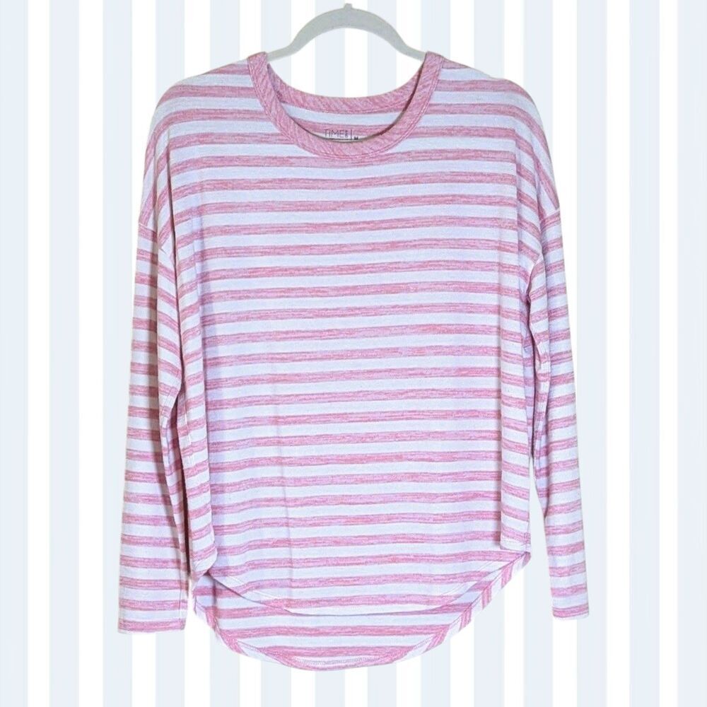 Time & Tru Women's Striped Hacci Knit T-shirt With Long Sleeves Pink/White Med